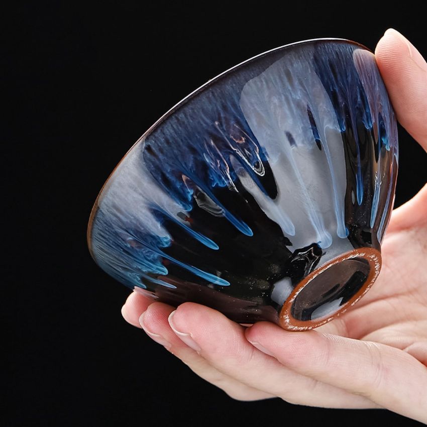 Jianzhan Tenmoku Tea Cup with Golden Peacock, 3D Chinese Kungfu Tea Cup Traditional Crafts Fired in Kiln