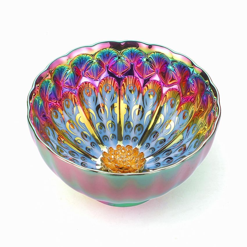 Colorful Tenmoku Tea Cup, 5 oz Jianzhan Ceramic Tea Cup with Lotus Decorations in Bottom, Chinese Small Kungfu Tea Cup, Ideal Gift for Cup Lovers