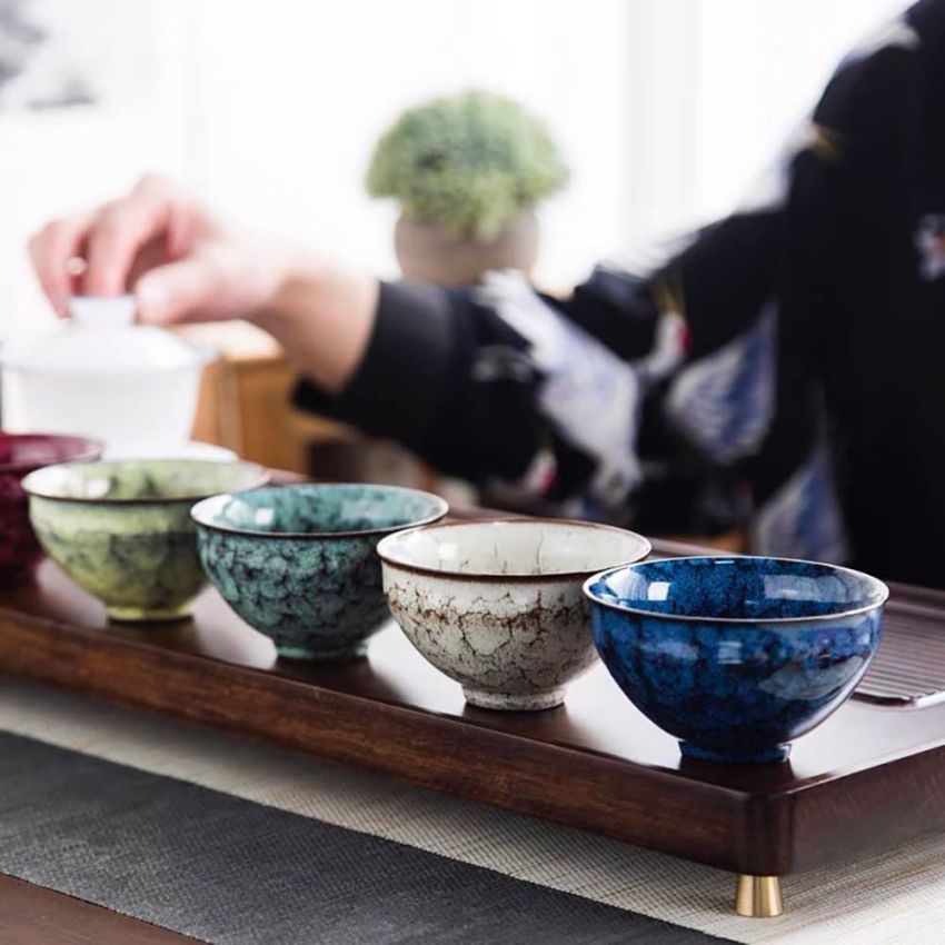 Chinese Tea Cups,Tenmoku JianZhan Handmade Ceramic kung fu Tea Cup Anti-Scald Wide Mouth Teacup,Tea Bowl,Ceramic Mate CupSet of 5 (5 Colors) A05