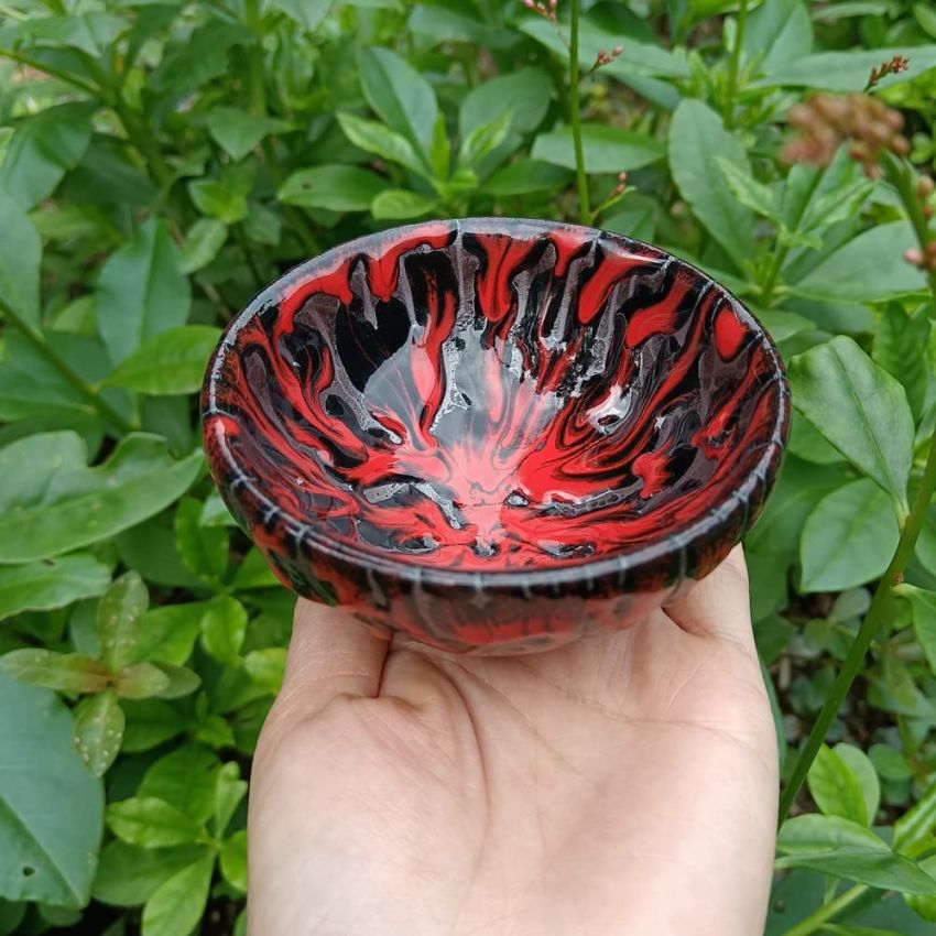 Mythical Beast Unique Chinese Tea Cups Jianzhan+Gift Box Red Smooth Glaze Tenmoku Pottery Bowl Chinese Traditional Kiln Fired Crafts Ø9 x 4.7cm(Ø3.54in x 1.85in)