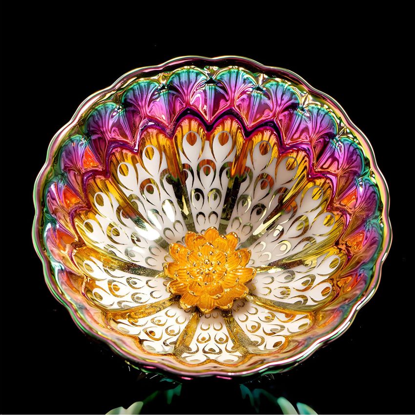 Enchantia Handmade chinese tea cup, Ceramic jianzhan tea cup Gold lotus on the bottom, Kiln transformation tenmokus tea cup With gift box packaging, 5.7oz,2