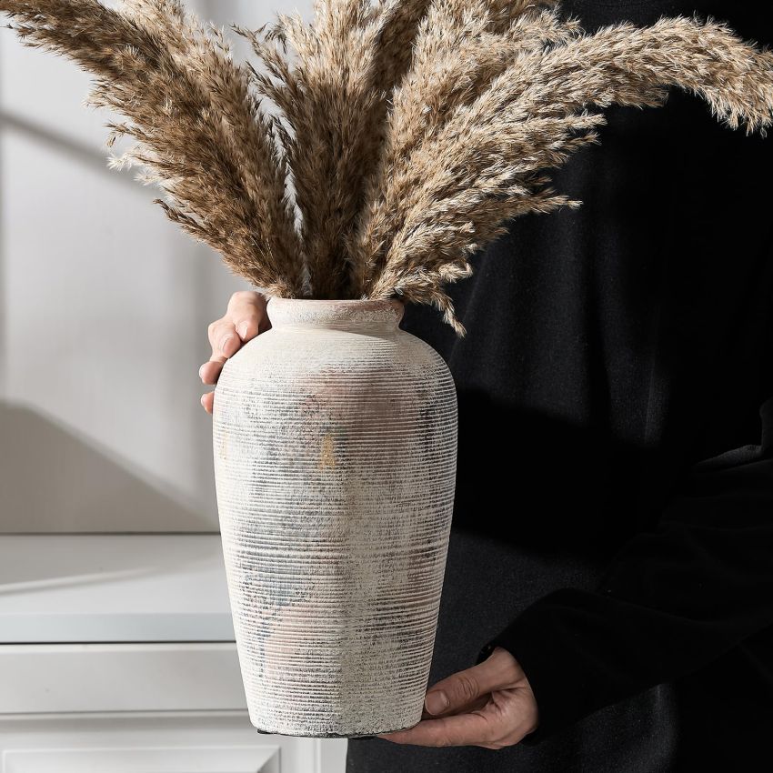 Large Ceramic Rustic Vase, 11 inch Minimalist Decorative Vase, Farmhouse Tall Vase for Home Decor, Living Room, Shelf Decor, Enterway, Table Decoration, Gray