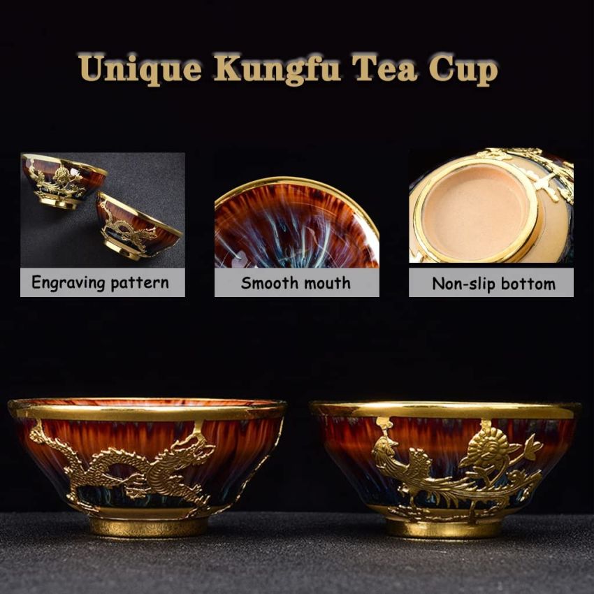 Tea Cup Hand Inlaid Gold Dragon and Phoenix Cup, Kiln Transformation Colorful Master Cup, Kung Fu Tea Bowl Sake Teaware, Gift Box Packaging(Color: Phoenix, Size : 3.8 oz)