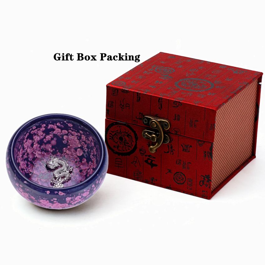 4 oz Tenmoku Tea Cup - Chinese Dragon Decoration, Purple Iris Flowers Ceramic Jianzhan Teacup, Handmade Kungfu Tea Bowl with Gift Box