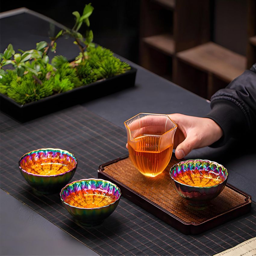 Enchantia Handmade chinese tea cup, Ceramic jianzhan tea cup Gold lotus on the bottom, Kiln transformation tenmokus tea cup With gift box packaging, 5.7oz,2