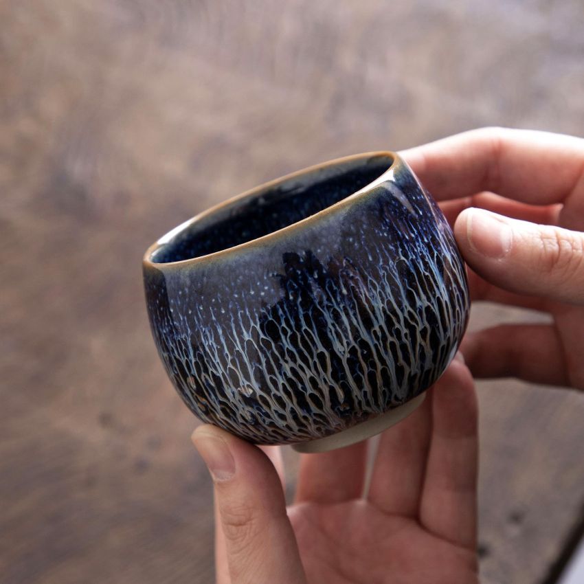 Tenmokus Tea Cups - Blue Starry Sky Glaze Series, Handleless Design Ceramic Jianzhan Tea Bowl, Chinese Small Kungfu Tea Cups, Set of 2 (5.4 oz)