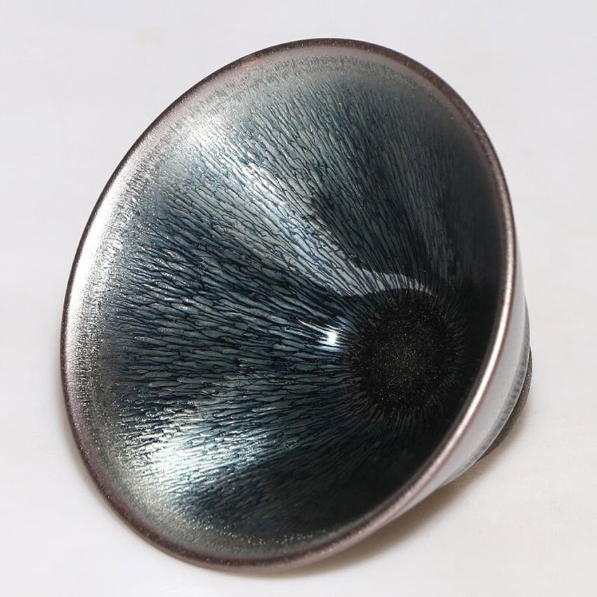 Tenmokus Jianzhan Tea Cups with Silver Hare's Fur Glaze, Handmade 3.72oz / 110ml Porcelain, Chinese Traditional Kiln Fire Skill Tenmoku Pottery Tea Bowl - Douli Shape