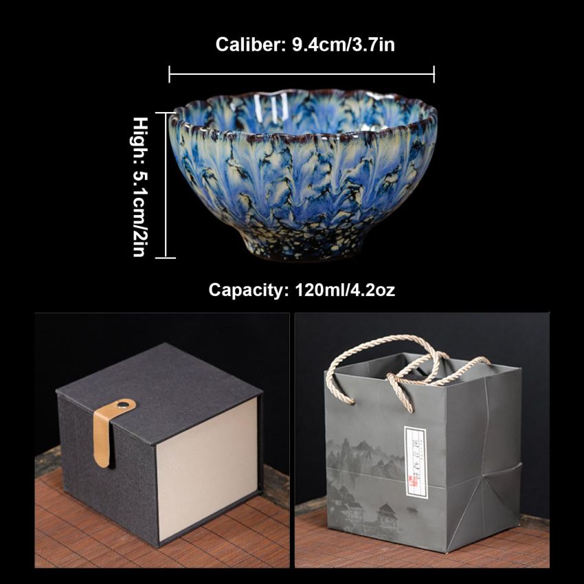 Enchantia Handmade 3D Chinese Kungfu Tea Cup, Beautiful Ceramic Tenmokus Jianzhan Tea Cup, Bottom Golden Lotus Cup With Gift Box - 4.2 Oz,Golden peacock