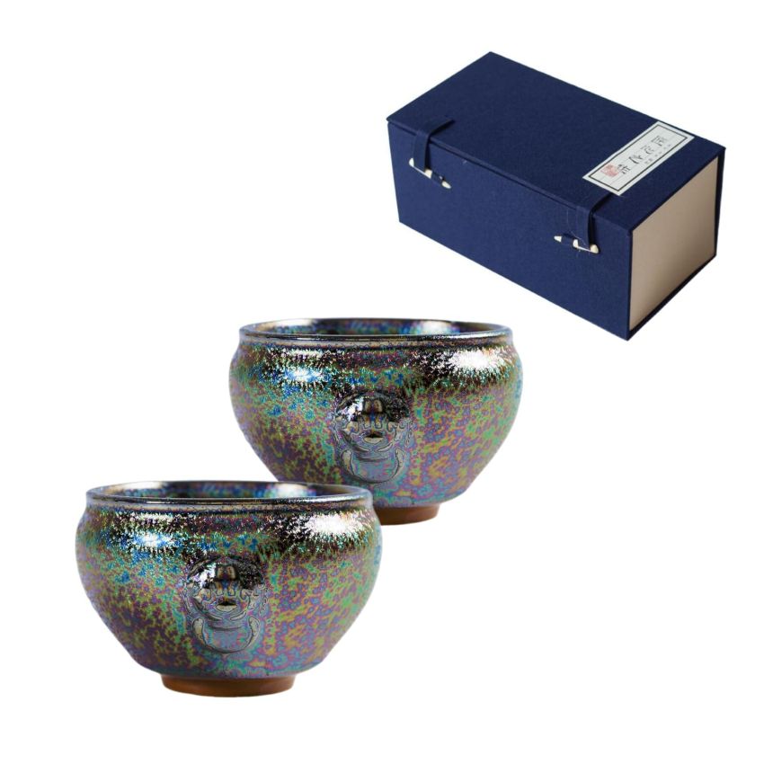 Handmade Coloful Tenmokus Tea Cup Set of 2, Chinese Crafts Kungfu Tea Cups Seven-Colours Ceramic Teacup with Gift Box Packing