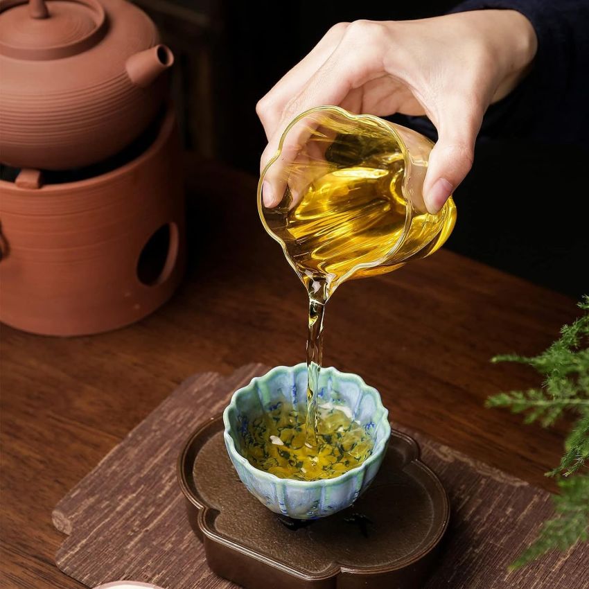 4 Pcs Blue Irregular Ceramic Tea Cups Fancy Tenmoku Glaze Coffee Mug 4 oz Chinese Small Teacups Specially Designed for Women