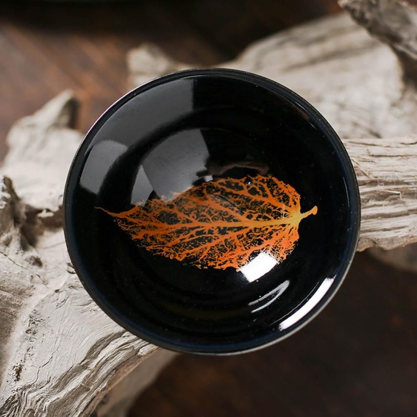 2PCS Chinese Tenmoku Tea Cup,Leaf Jianzhan Bowl Decoration Home,Tenmoku Cups,Chinese Kungfu Ceramic Teacup Set,Christmas New Year Gift for Husband