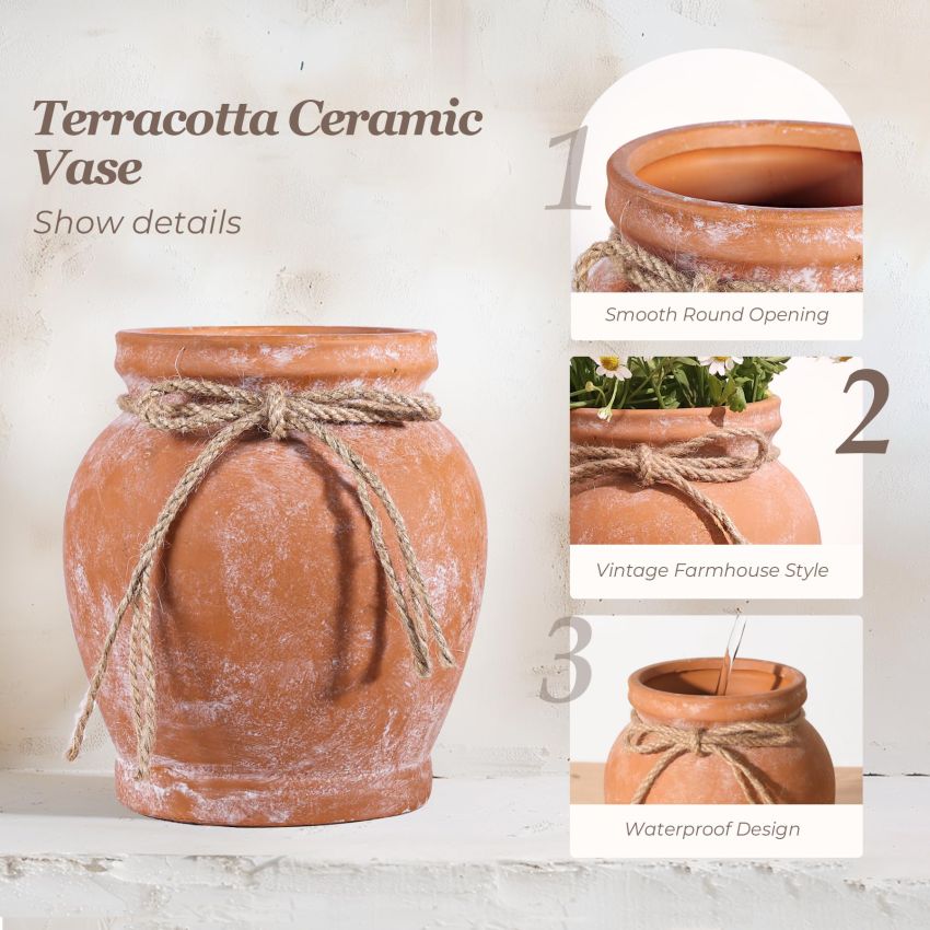 ComSaf Terracotta Rustic Vase - Farmhouse Ceramic Flower Vases, Vintage Home Decoration Vase, Clay Vase, Vase Centerpiece for Table, Vase for Living Room, Bathroom, Shelf Decor, 6.5 Inch, Terracotta