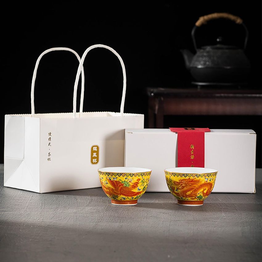 Master Teacup set of 2 tenmokus teacup Kungfu Tea Cup chinese tea set prosperity brought by the dragon and the phoenix Ceramic Handmade Ceremonial Matcha Tea Mug