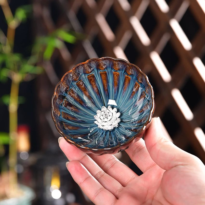 JianZhan tenmokus tea cup Ceramic Handmade TeaCup inlay Teacup Kungfu Tea Cup Master Teacup (Color : Lotus)