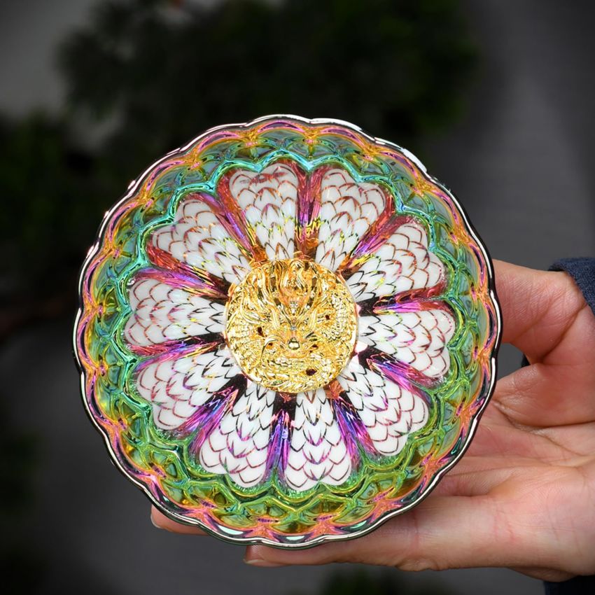 Tenmokus tea cup Master Teacup 5 oz Ceramic Handmade TeaCup inlay Teacup Coloured dragon scales，Chinese auspicious dragon，3D Chinese Kungfu Tea Cup