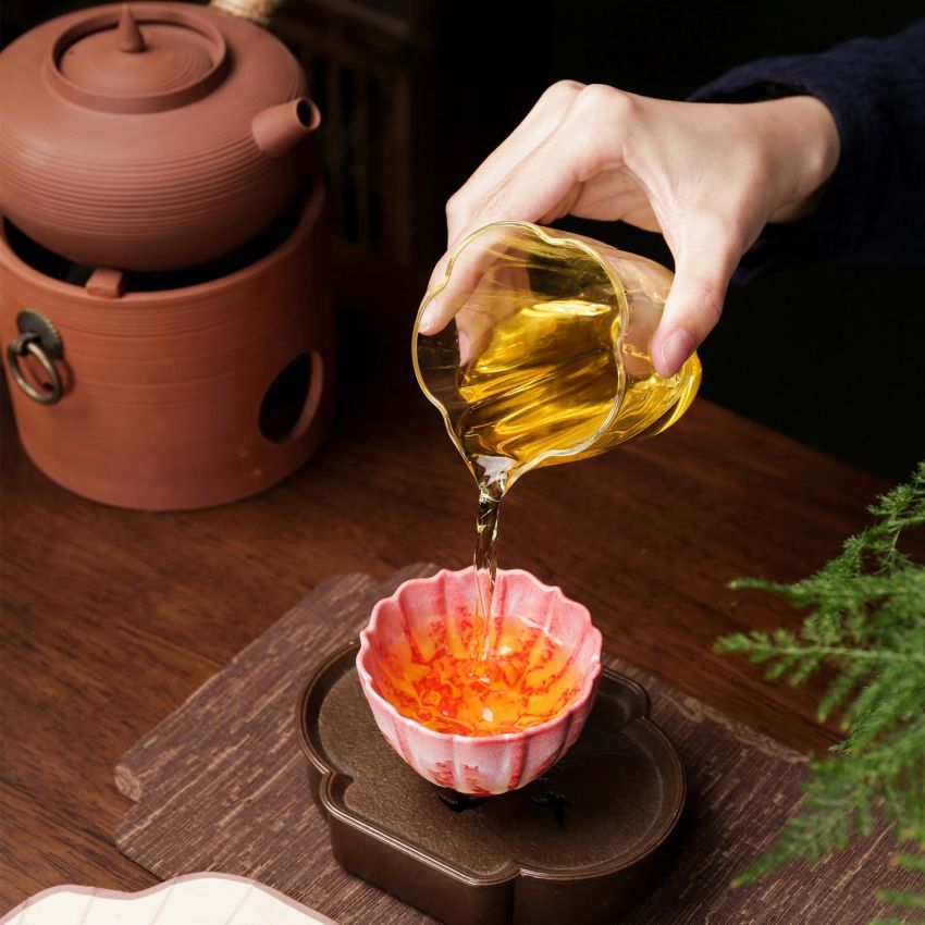 4 Pcs Red Irregular Ceramic Tea Cups Fancy Tenmoku Glaze Coffee Mug 4 oz Chinese Small Teacups Specially Designed for Women