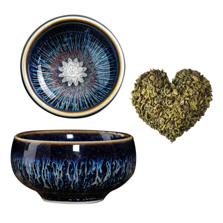 Beautiful Jianzhan Tea Cup, 3d Silver Lotus Inlaid Ceramic Tea Cup Handmade Fancy Glaze Tenmoku Cup Chinese Kungfu Tea Cup (Blue)