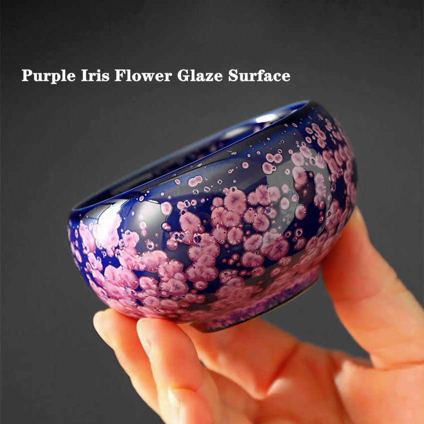 4 oz Tenmoku Tea Cup - Chinese Dragon Decoration, Purple Iris Flowers Ceramic Jianzhan Teacup, Handmade Kungfu Tea Bowl with Gift Box