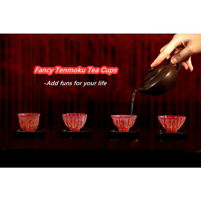 4 Pcs Red Irregular Ceramic Tea Cups Fancy Tenmoku Glaze Coffee Mug 4 oz Chinese Small Teacups Specially Designed for Women