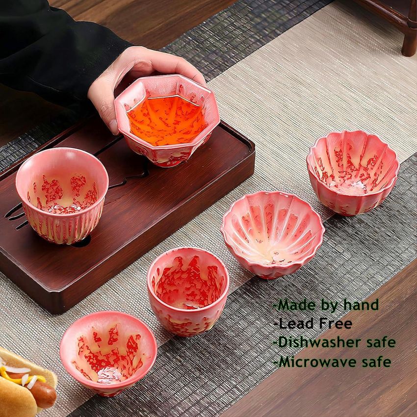 4 Pcs Red Irregular Ceramic Tea Cups Fancy Tenmoku Glaze Coffee Mug 4 oz Chinese Small Teacups Specially Designed for Women