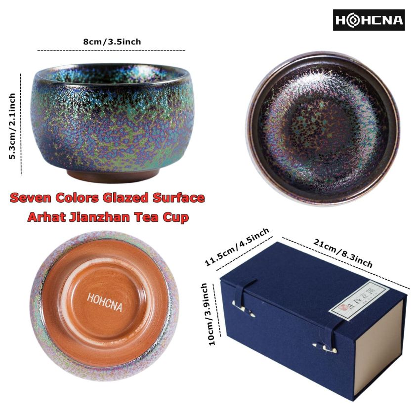 Handmade Coloful Tenmokus Tea Cup Set of 2, Chinese Crafts Kungfu Tea Cups Seven-Colours Ceramic Teacup with Gift Box Packing