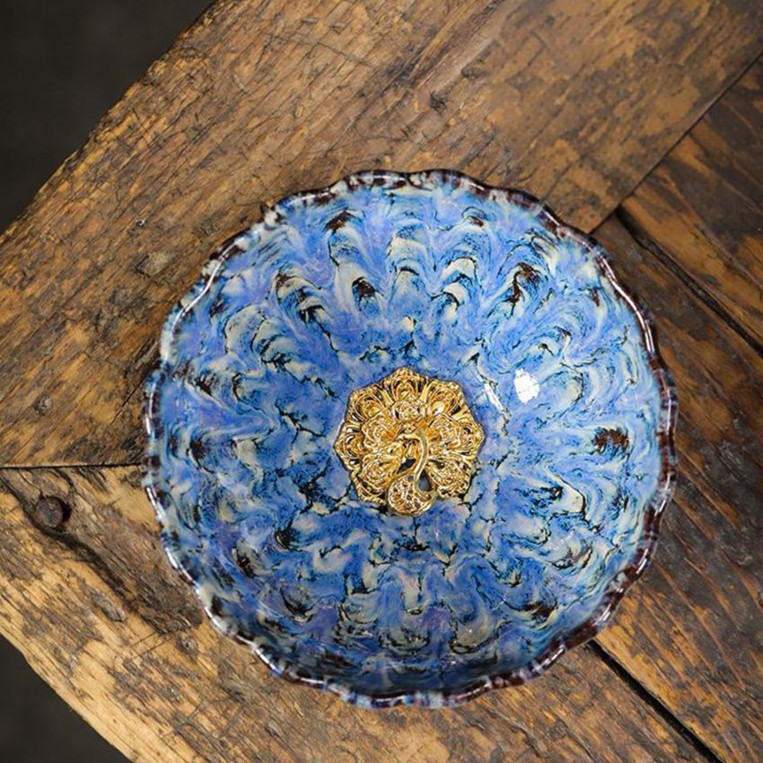 Enchantia Handmade 3D Chinese Kungfu Tea Cup, Beautiful Ceramic Tenmokus Jianzhan Tea Cup, Bottom Golden Lotus Cup With Gift Box - 4.2 Oz,Golden peacock