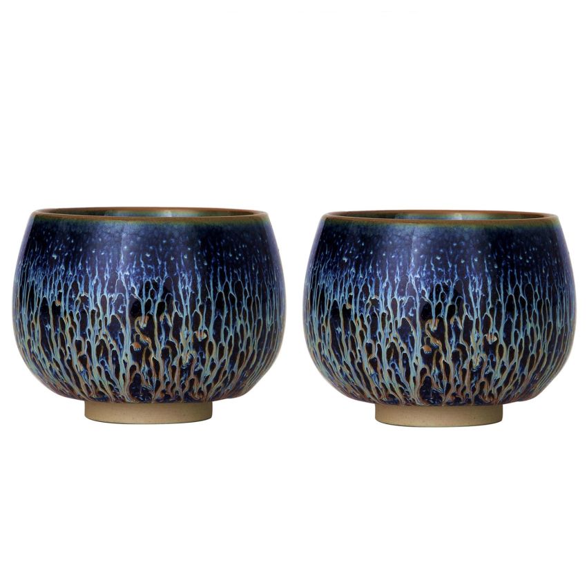 Tenmokus Tea Cups - Blue Starry Sky Glaze Series, Handleless Design Ceramic Jianzhan Tea Bowl, Chinese Small Kungfu Tea Cups, Set of 2 (5.4 oz)