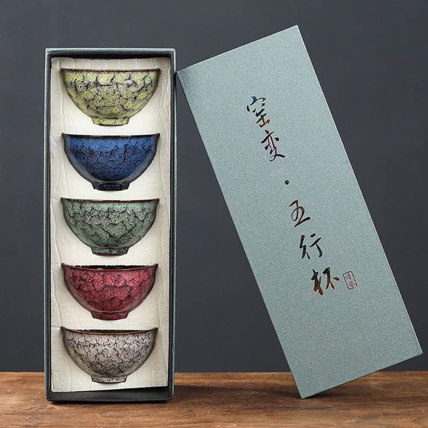 Chinese Tea Cups,Tenmoku JianZhan Handmade Ceramic kung fu Tea Cup Anti-Scald Wide Mouth Teacup,Tea Bowl,Ceramic Mate CupSet of 5 (5 Colors) A05