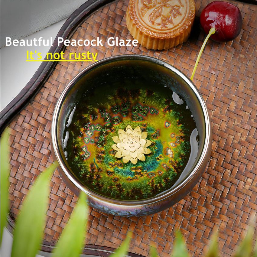 Jianzhan Ceramic Tea Cup, Handmade Peacock Glaze Tenmoku Teacup with 3d Silver Lotus Inlaid, 4 oz Chinese Small Kungfu Tea Cup