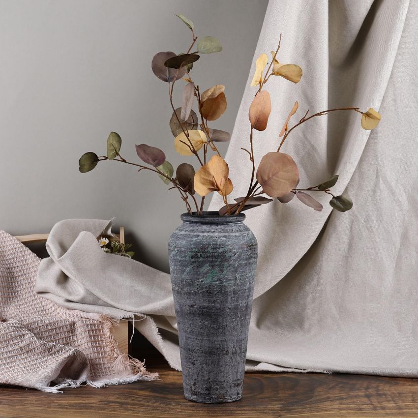 Handmade Tall Ceramic Rustic Vase, 12 Inches Concrete Vase, Distressed Farmhouse Décor, Pottery Decorative Flower Vase for Home Decor, Table,Floor, Living Room Decor,Mantel