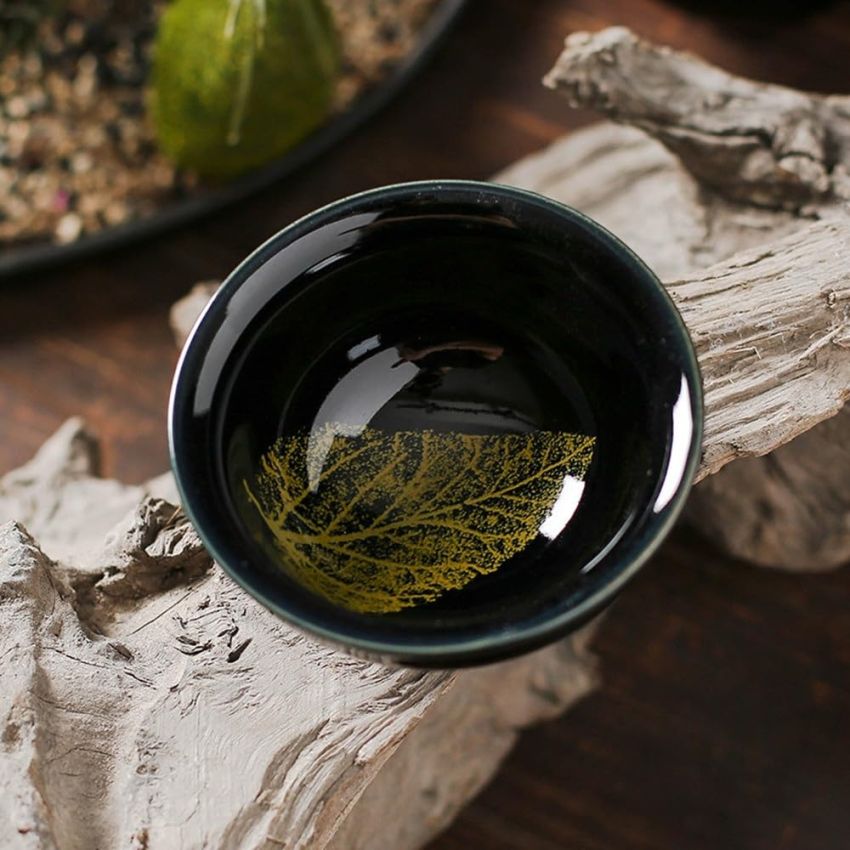 2PCS Chinese Tenmoku Tea Cup,Leaf Jianzhan Bowl Decoration Home,Tenmoku Cups,Chinese Kungfu Ceramic Teacup Set,Christmas New Year Gift for Husband