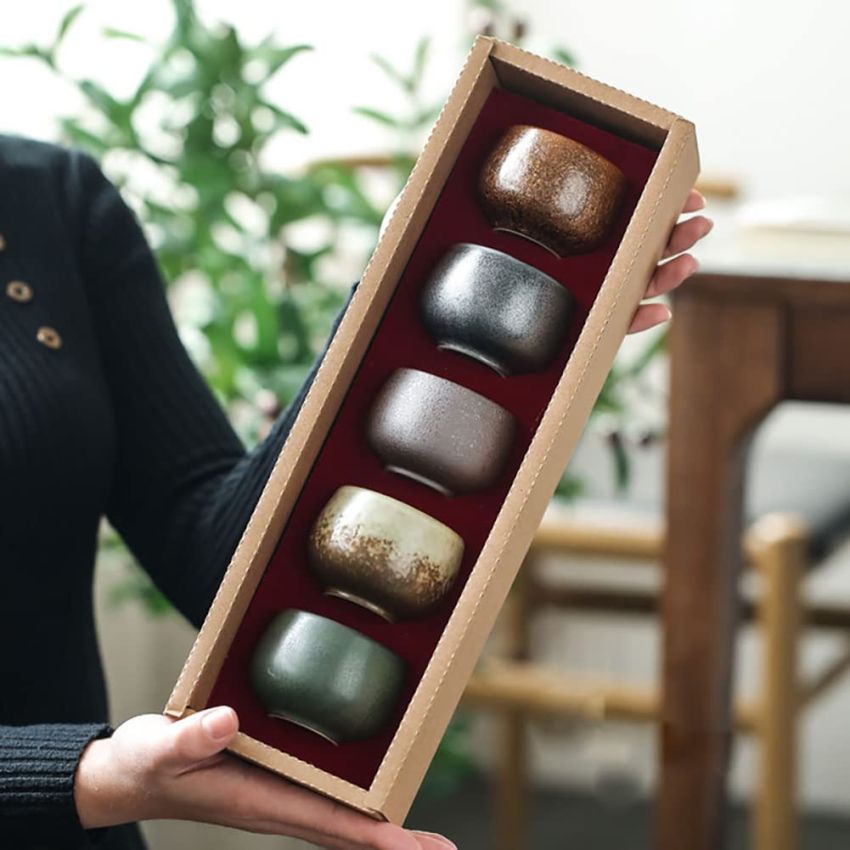 Chinese Tea Cups,Tenmoku JianZhan Handmade Ceramic kung fu Tea Cup Anti-Scald Wide Mouth Teacup,Tea Bowl,Ceramic Mate CupSet of 5 (5 Colors) A02