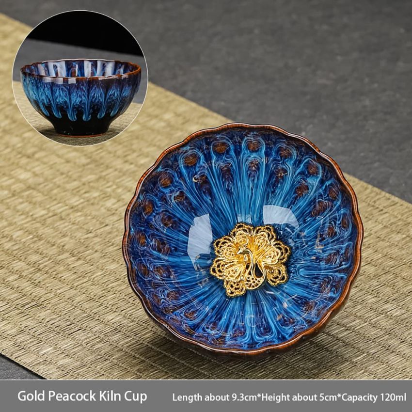 JianZhan Tenmoku Ceramic Handmade TeaCup Porcelain Teacup Kungfu Tea Cup Tenmoku Teacup Master Teacup Ceremonial Matcha Tea Mug Shape（Gold Peacock）