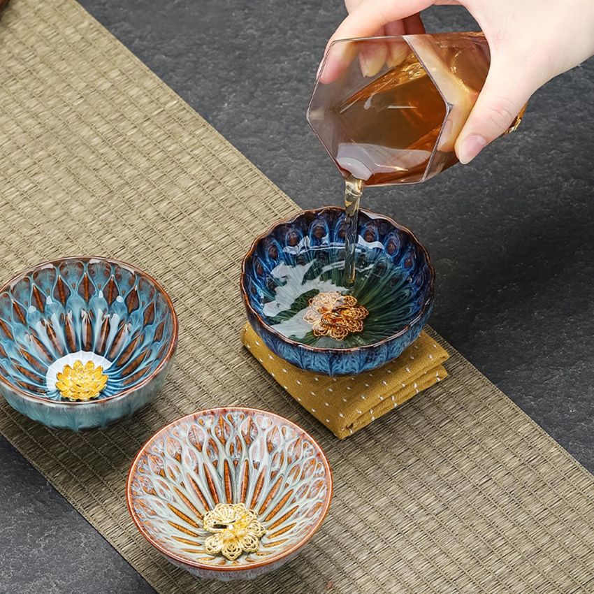 Jianzhan Tenmoku Tea Cup with Golden Peacock, 3D Chinese Kungfu Tea Cup Traditional Crafts Fired in Kiln