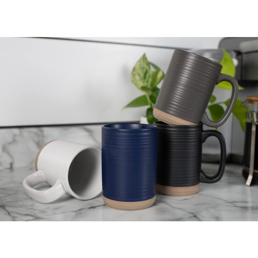 Elanze Designs Tall Ribbed Raw Clay Bottom Colorful 16 ounce Ceramic Coffee Mugs Set of 4