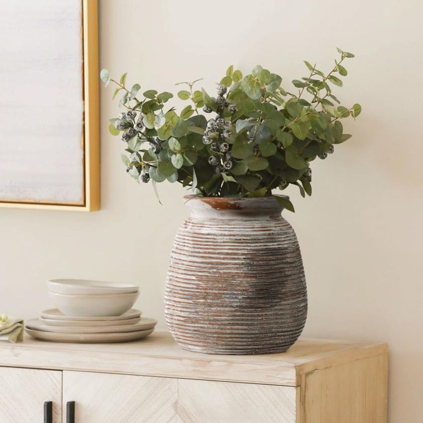 Ceramic Rustic Farmhouse Flower Vase Whitewashed Terra Cotta Decorative Pottery Vintage Terracotta Textured Vases Mantel Shelf Living Room Table Centerpieces for Home Decor