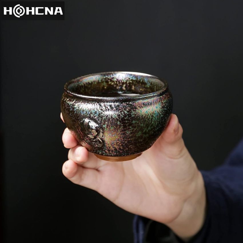 Handmade Coloful Tenmokus Tea Cup Set of 2, Chinese Crafts Kungfu Tea Cups Seven-Colours Ceramic Teacup with Gift Box Packing