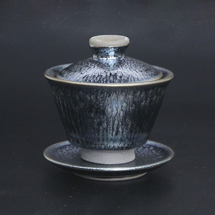 Gaiwan Teaset, Tenmoku Flower Glaze Tea Pot -170ml/5.75oz, Chinese Jianzhan Teacups Porcelain Tea Set