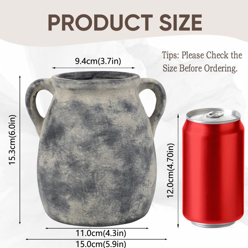 Ceramic Farmhouse Terracotta Vase, Vintage Pampas Grass Vase with 2 Handles, Boho Decor Decorative Vase, Rustic Vase for Home Decor, Living Room, Table, 6 Inch Black Vase