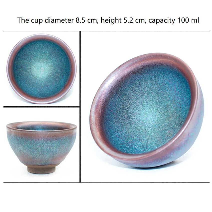 Traditional Handmade Vintage Tenmoku Teaware Artistic Handle Glazes JianZhan Tea Cup Ceramic Cup Gift 100 ml(Blue-Green)