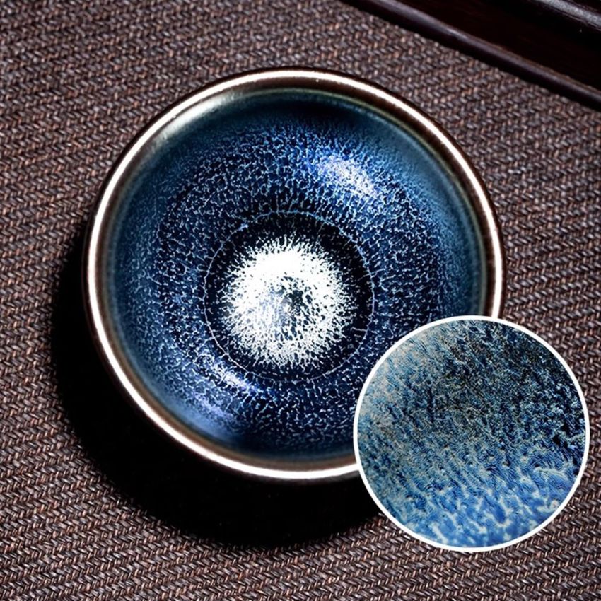Jianzhan Tea Cup Beautiful Exquisite Teaware Tenmoku Chinese Ceramic Mug Handmade Unique Multi-use Porcelain Tea Bowl(Blue)