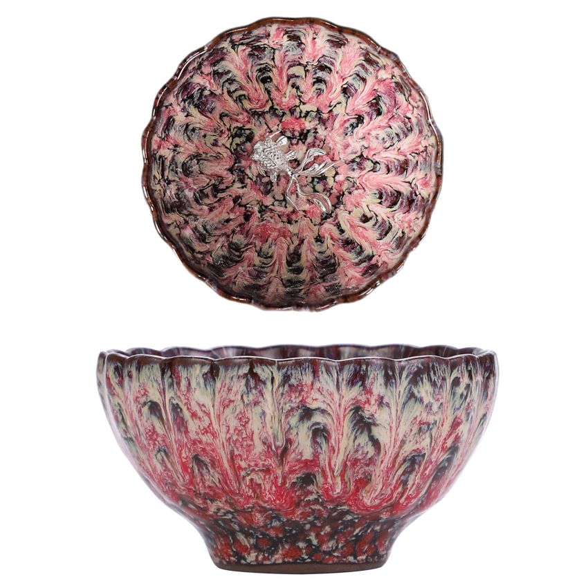 Cherry Blossom Pink Tenmokus Tea Cup, 4 oz Handmade Jianzhan Ceramic Tea Cup, Chinese Small Kungfu Tea Cup with 3d Goldfish Decorations