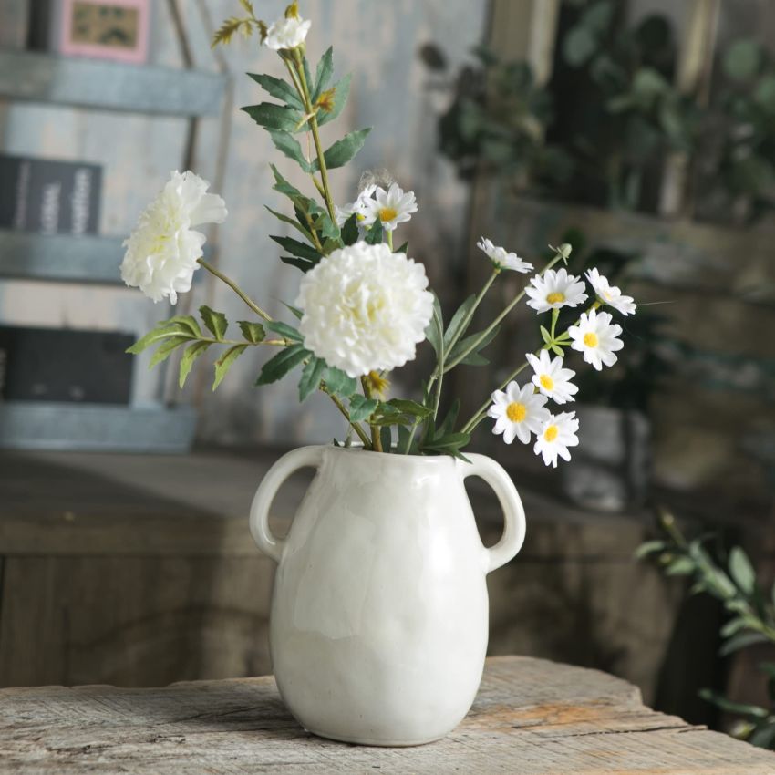 White Ceramic Vase with 2 Handles, Modern Farmhouse Vase for Home Decor, Rustic Terracotta Vase, Decorative Pottery Flower Vase, Clay Samll Vase, Centerpieces for Dining Table - 7 Inch Tall