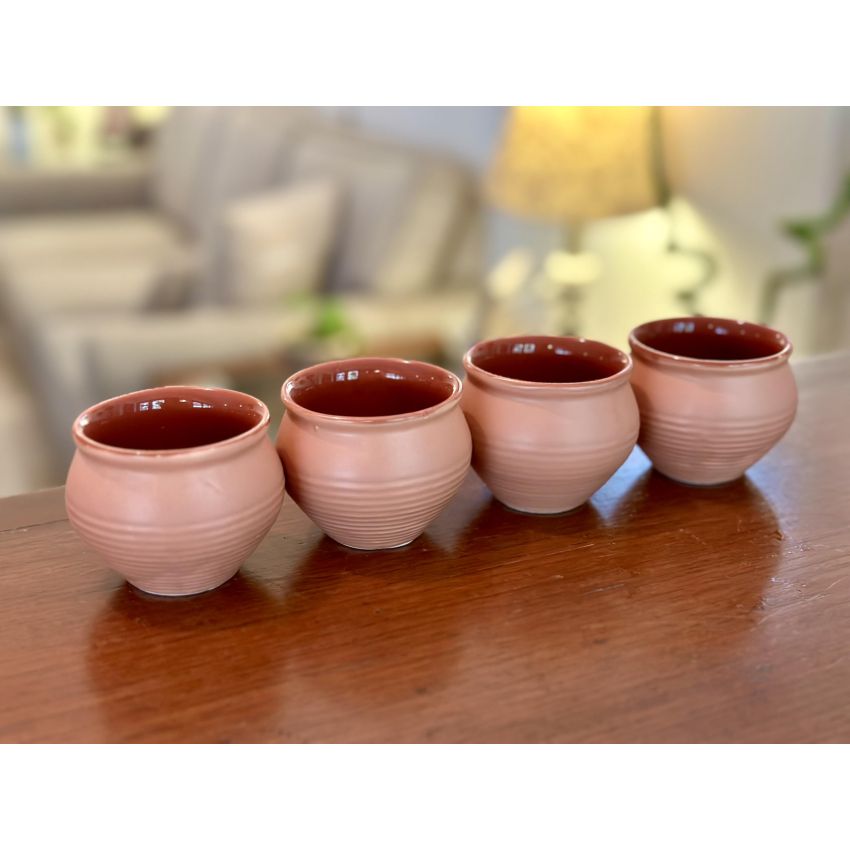 Handmade Traditional Kulhar Kulhad Chai Tea Coffee Mug Cup Cantaritos Set of 4 Glazed Earthenware Glossy Finish Clay Terracotta Artisanal Studio Pottery Mud Brown Food Safe Natural Rustic Eco-Friendly