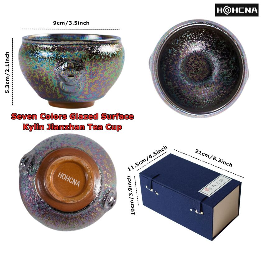 Handmade Coloful Tenmokus Tea Cup Set of 2, Chinese Crafts Kungfu Tea Cups Seven-Colours Ceramic Teacup with Gift Box Packing