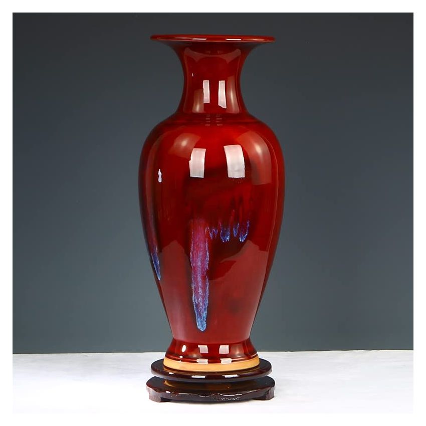 Jingdezhen Porcelain vase Antique Jun Porcelain Green Porcelain Vase Rich Bamboo Flower Arrangement Living Room Ornaments Agate red [Large] 51cm high Wood Base,white