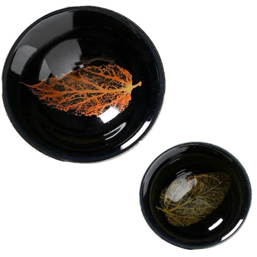 2PCS Chinese Tenmoku Tea Cup,Leaf Jianzhan Bowl Decoration Home,Tenmoku Cups,Chinese Kungfu Ceramic Teacup Set,Christmas New Year Gift for Husband
