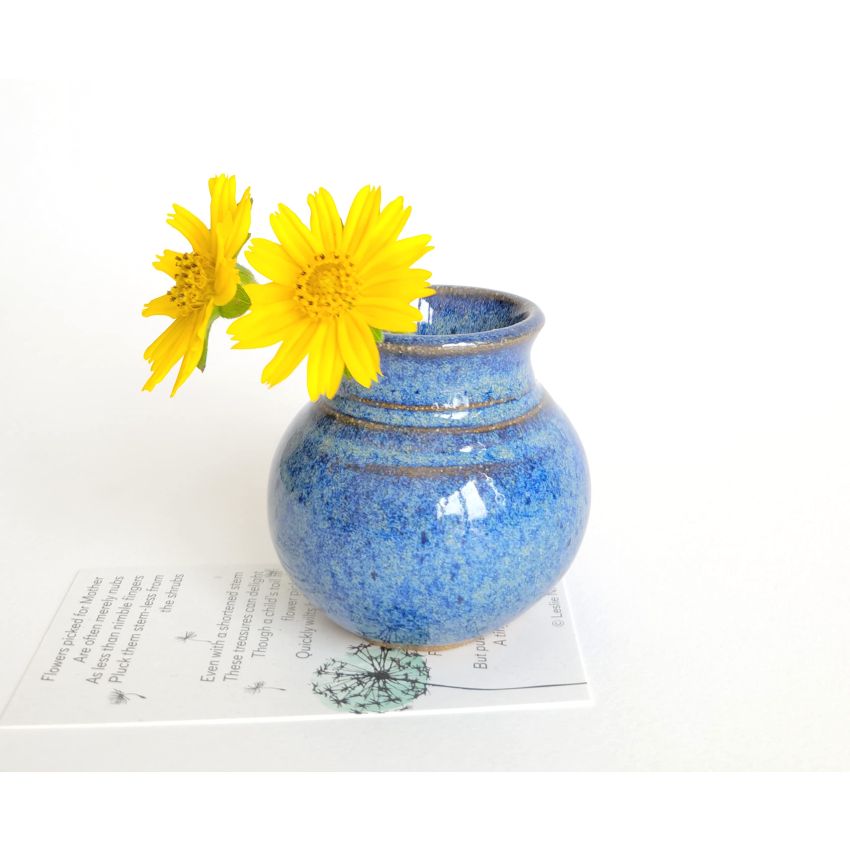 Unique Hand Made Pottery Vase w Poetry Card - Cute Country Farmhouse Style Mini Flower Pot - Gifts for Moms Rustic Home Blue