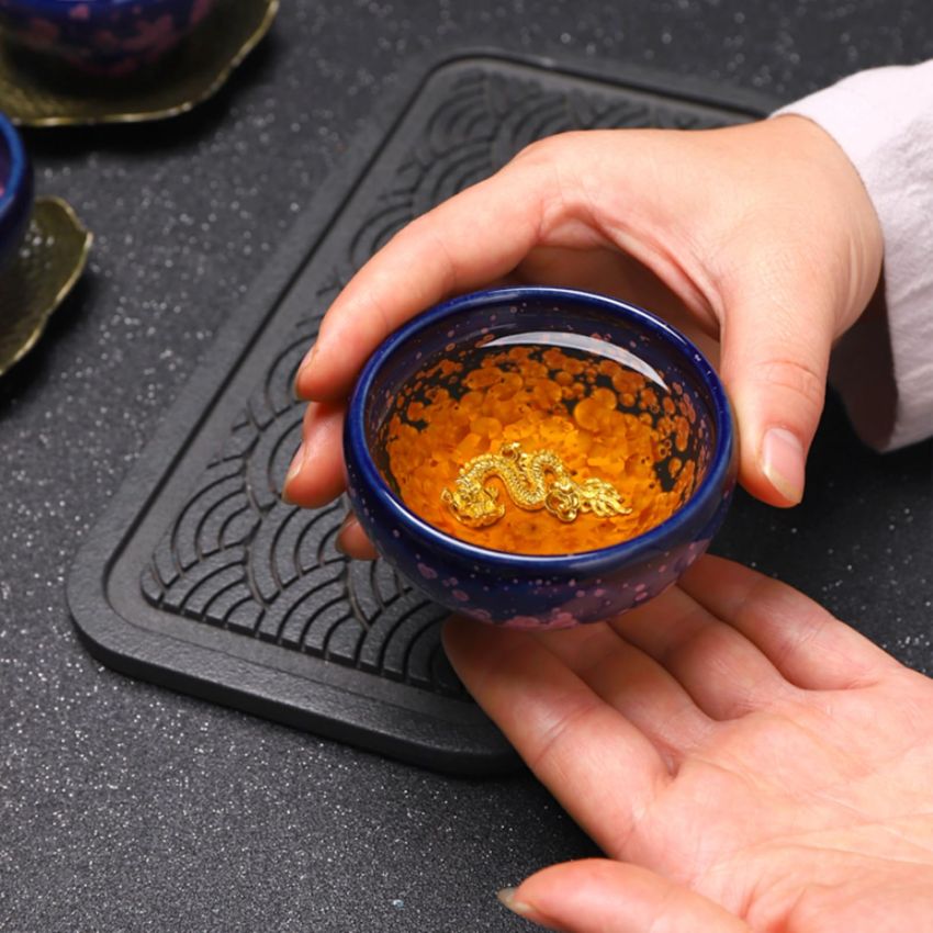 4 oz Tenmoku Tea Cup - Chinese Dragon Decoration, Purple Iris Flowers Ceramic Jianzhan Teacup, Handmade Kungfu Tea Bowl with Gift Box