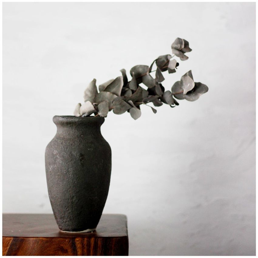 roro 7-Inch Handmade Textured Black Ceramic Prunus Vase - Artisan Handcrafted for Home & Office Decor, Ideal Housewarming Gift, Modern Rustic Farmhouse Minimalist